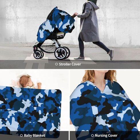 Blue Camouflage Baby Car Seat Cover & Breastfeeding Nursing Cover - Breathable Stretch Fabric Multi-Use Nursing Cover for Breastfeeding in Kuwait