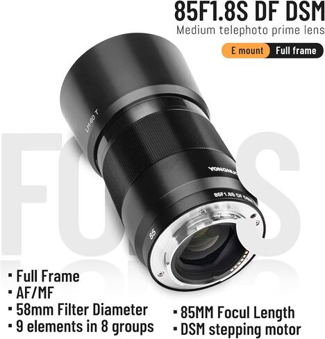 YONGNUO 85mm F1.8S DF DSM, Medium Telephoto Prime Lens for Sony E Mount, Full Frame Portrait Lens Black | Medium Telephoto Portrait E Mount Lens for Sony Mirrorless Cameras ZV-E10 A5000 A5100 A6000 A6100 A6300 A6400 A6500 A6700 etc in Kuwait