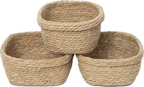 Square Seagrass Storage Baskets Set of 3, Hand Woven Stitched Rolled Edge Baskets, Boho Decorative Woven Baskets for Bathroom Kitchen Living Room Nursery in Kuwait