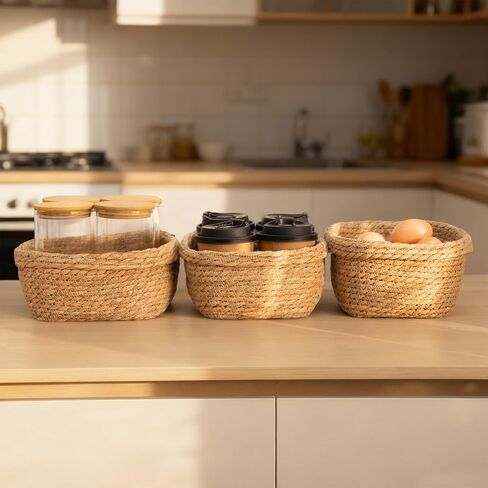 Square Seagrass Storage Baskets Set of 3, Hand Woven Stitched Rolled Edge Baskets, Boho Decorative Woven Baskets for Bathroom Kitchen Living Room Nursery in Kuwait