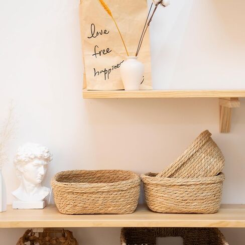 Square Seagrass Storage Baskets Set of 3, Hand Woven Stitched Rolled Edge Baskets, Boho Decorative Woven Baskets for Bathroom Kitchen Living Room Nursery in Kuwait