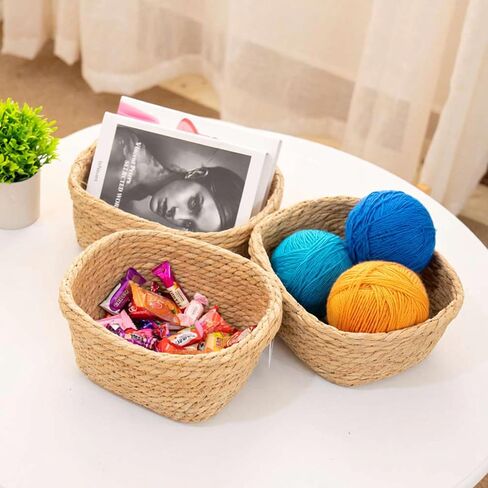Square Seagrass Storage Baskets Set of 3, Hand Woven Stitched Rolled Edge Baskets, Boho Decorative Woven Baskets for Bathroom Kitchen Living Room Nursery in Kuwait