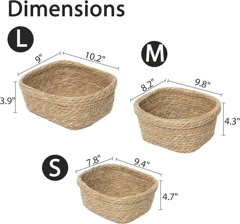 Square Seagrass Storage Baskets Set of 3, Hand Woven Stitched Rolled Edge Baskets, Boho Decorative Woven Baskets for Bathroom Kitchen Living Room Nursery in Kuwait