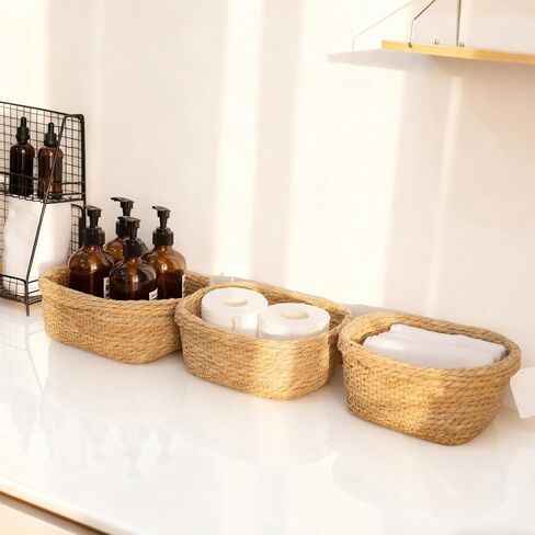 Square Seagrass Storage Baskets Set of 3, Hand Woven Stitched Rolled Edge Baskets, Boho Decorative Woven Baskets for Bathroom Kitchen Living Room Nursery in Kuwait