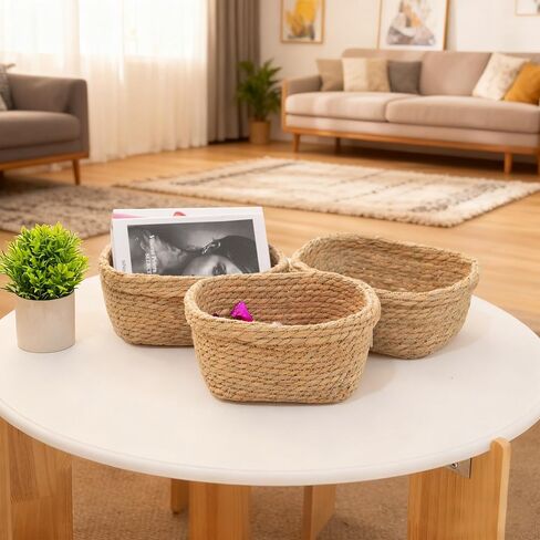 Square Seagrass Storage Baskets Set of 3, Hand Woven Stitched Rolled Edge Baskets, Boho Decorative Woven Baskets for Bathroom Kitchen Living Room Nursery in Kuwait