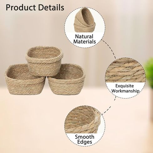 Square Seagrass Storage Baskets Set of 3, Hand Woven Stitched Rolled Edge Baskets, Boho Decorative Woven Baskets for Bathroom Kitchen Living Room Nursery in Kuwait