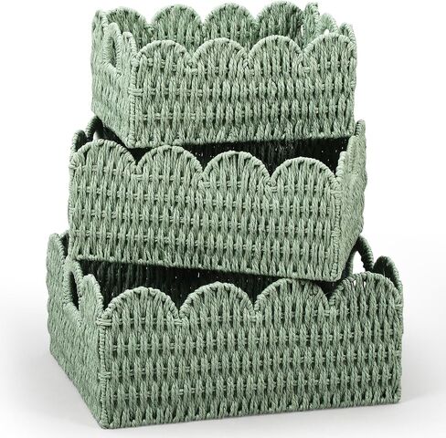 Set of 3 Paper Rope Scalloped Wicker Baskets, Diaper Caddy Storage Baskets, Sage Green Decorative Woven Bins with Handles for Nursery Shelves, Books, Bathroom Laundry Towels in Kuwait