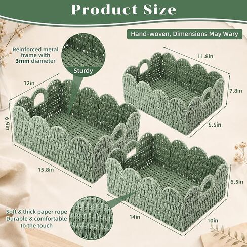 Set of 3 Paper Rope Scalloped Wicker Baskets, Diaper Caddy Storage Baskets, Sage Green Decorative Woven Bins with Handles for Nursery Shelves, Books, Bathroom Laundry Towels in Kuwait
