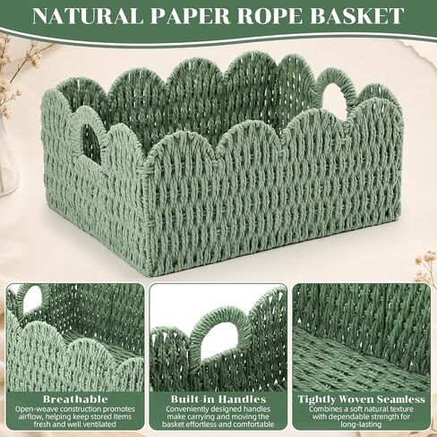Set of 3 Paper Rope Scalloped Wicker Baskets, Diaper Caddy Storage Baskets, Sage Green Decorative Woven Bins with Handles for Nursery Shelves, Books, Bathroom Laundry Towels in Kuwait
