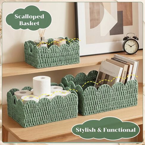 Set of 3 Paper Rope Scalloped Wicker Baskets, Diaper Caddy Storage Baskets, Sage Green Decorative Woven Bins with Handles for Nursery Shelves, Books, Bathroom Laundry Towels in Kuwait