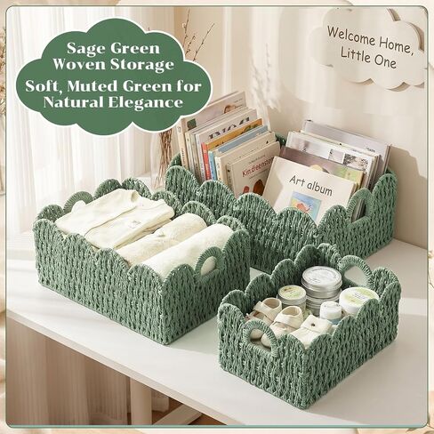 Set of 3 Paper Rope Scalloped Wicker Baskets, Diaper Caddy Storage Baskets, Sage Green Decorative Woven Bins with Handles for Nursery Shelves, Books, Bathroom Laundry Towels in Kuwait