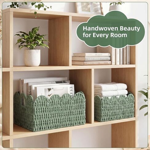 Set of 3 Paper Rope Scalloped Wicker Baskets, Diaper Caddy Storage Baskets, Sage Green Decorative Woven Bins with Handles for Nursery Shelves, Books, Bathroom Laundry Towels in Kuwait