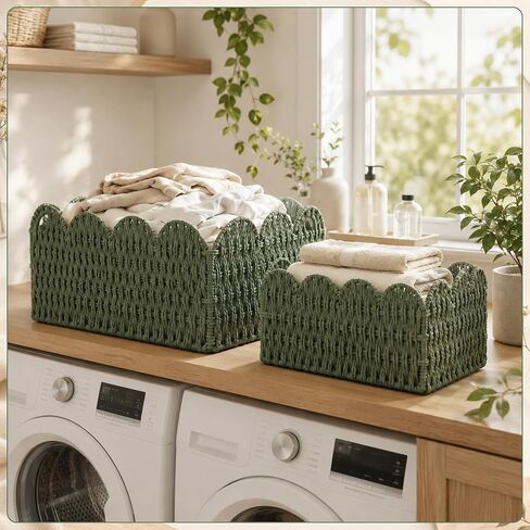 Set of 3 Paper Rope Scalloped Wicker Baskets, Diaper Caddy Storage Baskets, Sage Green Decorative Woven Bins with Handles for Nursery Shelves, Books, Bathroom Laundry Towels in Kuwait