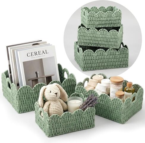 Set of 3 Paper Rope Scalloped Wicker Baskets, Diaper Caddy Storage Baskets, Sage Green Decorative Woven Bins with Handles for Nursery Shelves, Books, Bathroom Laundry Towels in Kuwait