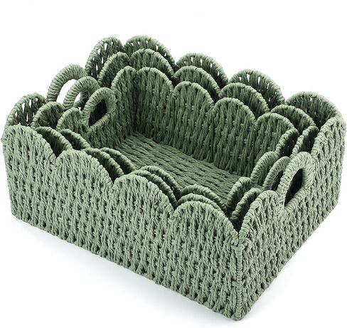 Set of 3 Paper Rope Scalloped Wicker Baskets, Diaper Caddy Storage Baskets, Sage Green Decorative Woven Bins with Handles for Nursery Shelves, Books, Bathroom Laundry Towels in Kuwait