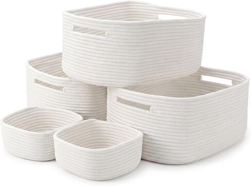 5-Pack Large Woven Rope Storage Baskets, 2 Sizes Organizer Bins | Fabric Cube Boxes and Rectangular Shallow Bins for Closet, Shelf, Bookshelf, Nursery, Changing Table, Bathroom, Toys & Home in Kuwait