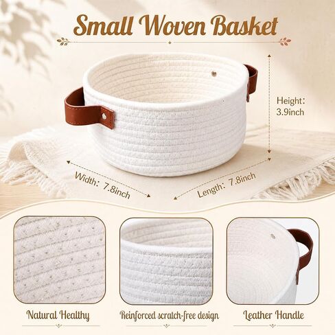 8 Pack Small Woven Baskets Bulk, Cotton Cute Mini Rope Storage Bins with Leather Handles, Tiny Decorative Boho Round Empty Gift Baskets Organizer 7.8" x 7.8" x 3.9" for Shelves, Closet in Kuwait