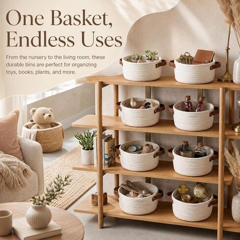 8 Pack Small Woven Baskets Bulk, Cotton Cute Mini Rope Storage Bins with Leather Handles, Tiny Decorative Boho Round Empty Gift Baskets Organizer 7.8" x 7.8" x 3.9" for Shelves, Closet in Kuwait