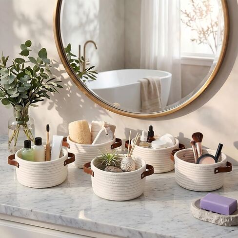 8 Pack Small Woven Baskets Bulk, Cotton Cute Mini Rope Storage Bins with Leather Handles, Tiny Decorative Boho Round Empty Gift Baskets Organizer 7.8" x 7.8" x 3.9" for Shelves, Closet in Kuwait