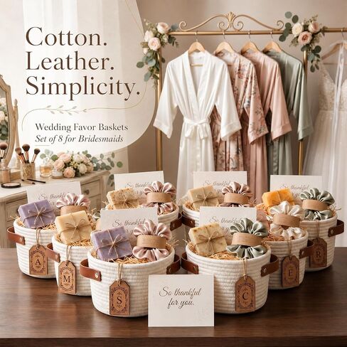 8 Pack Small Woven Baskets Bulk, Cotton Cute Mini Rope Storage Bins with Leather Handles, Tiny Decorative Boho Round Empty Gift Baskets Organizer 7.8" x 7.8" x 3.9" for Shelves, Closet in Kuwait
