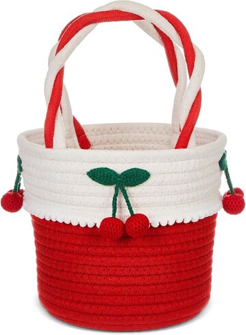 Honeydak Cherry Basket Small Woven Storage Basket Cotton Rope Cute Easter Gift with Handles Cherry Round Decorative for Storage Gift Organization Easter Egg Picnic Baby Cat Dog Toy 7.3"x 6.3"x 6.3" in Kuwait