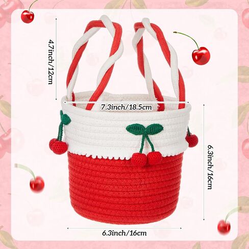 Honeydak Cherry Basket Small Woven Storage Basket Cotton Rope Cute Easter Gift with Handles Cherry Round Decorative for Storage Gift Organization Easter Egg Picnic Baby Cat Dog Toy 7.3"x 6.3"x 6.3" in Kuwait