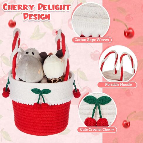 Honeydak Cherry Basket Small Woven Storage Basket Cotton Rope Cute Easter Gift with Handles Cherry Round Decorative for Storage Gift Organization Easter Egg Picnic Baby Cat Dog Toy 7.3"x 6.3"x 6.3" in Kuwait