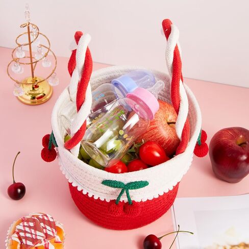 Honeydak Cherry Basket Small Woven Storage Basket Cotton Rope Cute Easter Gift with Handles Cherry Round Decorative for Storage Gift Organization Easter Egg Picnic Baby Cat Dog Toy 7.3"x 6.3"x 6.3" in Kuwait