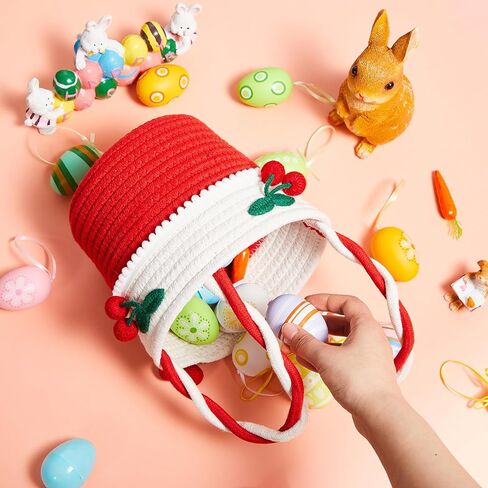 Honeydak Cherry Basket Small Woven Storage Basket Cotton Rope Cute Easter Gift with Handles Cherry Round Decorative for Storage Gift Organization Easter Egg Picnic Baby Cat Dog Toy 7.3"x 6.3"x 6.3" in Kuwait