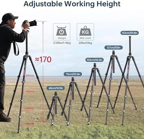 Carbon Fiber Tripod with Ball Head, 59.8" Travel Tripods with Metal Flip Buckle for Camera, Max Load 22lbs in Kuwait