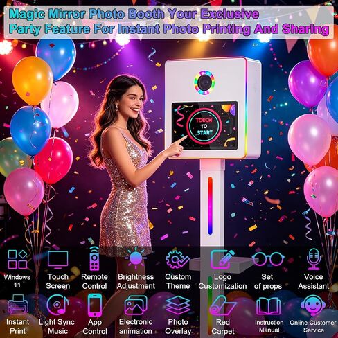 Mirror Photo Booth with Printer, DSLR Photo Booth Built-in Mini PC with 15.6" Touch Screen, App Remote Music Sync RGB Lights, Flight Case, Instant Print and Share for Parties Weddings Event Rental in Kuwait