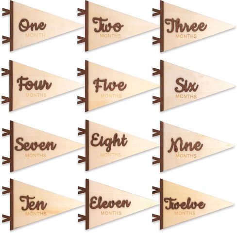 Baby Monthly Milestone Pennant Signs | Wooden Monthly Age Marker 1-12, Newborn Announcement and Milestones Photo Props，Boy Girl Birth Party Decorations (brown) in Kuwait