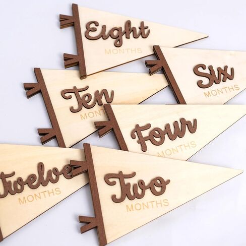 Baby Monthly Milestone Pennant Signs | Wooden Monthly Age Marker 1-12, Newborn Announcement and Milestones Photo Props，Boy Girl Birth Party Decorations (brown) in Kuwait