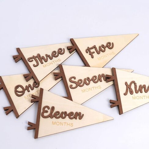 Baby Monthly Milestone Pennant Signs | Wooden Monthly Age Marker 1-12, Newborn Announcement and Milestones Photo Props，Boy Girl Birth Party Decorations (brown) in Kuwait