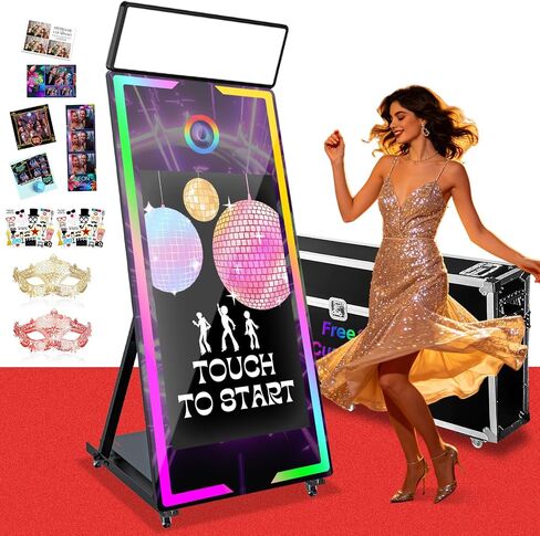 Magic Mirror Photo Booth 65" with 43" Touch Screen Selfie Mirror Photo Booth Machine with Flight Case App Remote Control Ring Light for Event Rental Wedding Party (White) in Kuwait