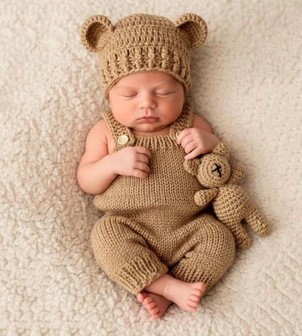 Newborn Photography Outfits for Boys Girls, 3PCS Hand Knitted Baby Bear Romper Set, Newborn Photo Props in Kuwait