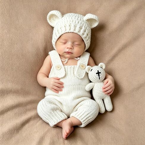 Newborn Photography Outfits for Boys Girls, 3PCS Hand Knitted Baby Bear Romper Set, Newborn Photo Props in Saudi Arabia