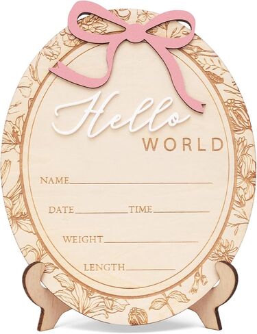 Baby Girl Birth Announcement Sign with Bow, Floral Vintage Wooden Name Plaque, Hospital Newborn Announcement Board, Baby Girl Nursery Decor Photo Prop (D22) in Kuwait
