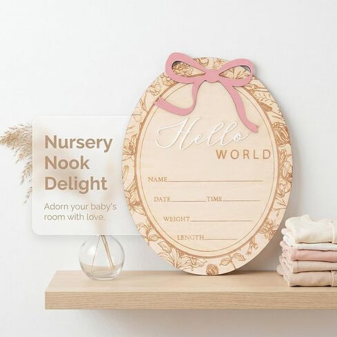 Baby Girl Birth Announcement Sign with Bow, Floral Vintage Wooden Name Plaque, Hospital Newborn Announcement Board, Baby Girl Nursery Decor Photo Prop (D22) in Kuwait