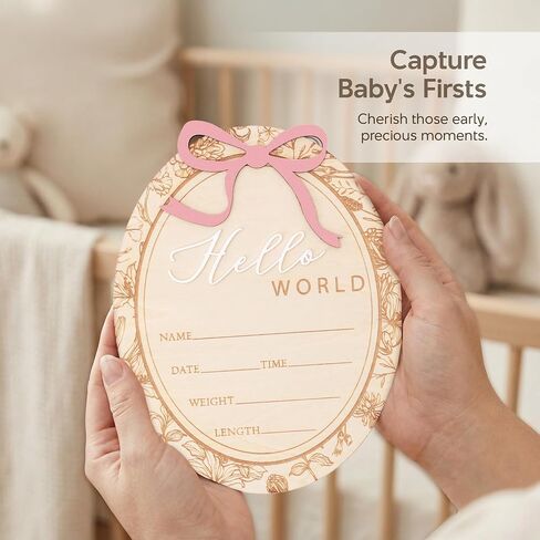 Baby Girl Birth Announcement Sign with Bow, Floral Vintage Wooden Name Plaque, Hospital Newborn Announcement Board, Baby Girl Nursery Decor Photo Prop (D22) in Kuwait