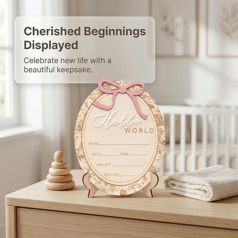 Baby Girl Birth Announcement Sign with Bow, Floral Vintage Wooden Name Plaque, Hospital Newborn Announcement Board, Baby Girl Nursery Decor Photo Prop (D22) in Kuwait