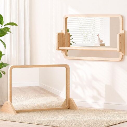 Montessori Mirror with Bar, Adjustable Baby Pull to Stand Toys 6M+ | Natural Solid Wood Frame & Baby Pull Up Bar, Infant Coordination Toddler Mirror, Developmental Toys for Baby 6-18 Months in Saudi Arabia