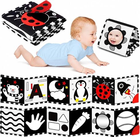 BBWOO High Contrast Baby Toys for Newborn, Tummy Time Mirror | Black and White Baby Toy for 0-6 Months, Soft Montessori Visual Stimulation Infant Book, Boy Girl Shower Gift in Kuwait
