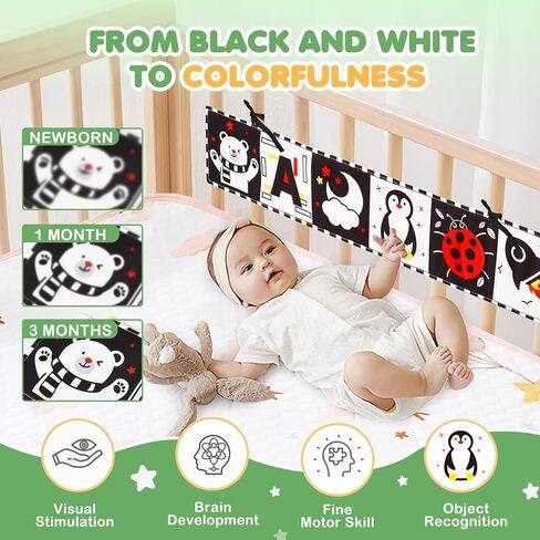 BBWOO High Contrast Baby Toys for Newborn, Tummy Time Mirror | Black and White Baby Toy for 0-6 Months, Soft Montessori Visual Stimulation Infant Book, Boy Girl Shower Gift in Kuwait