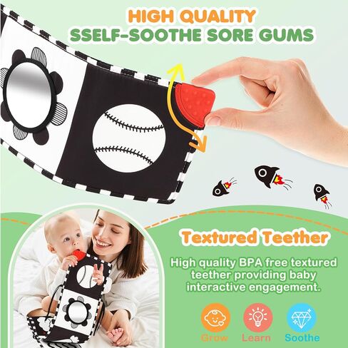 BBWOO High Contrast Baby Toys for Newborn, Tummy Time Mirror | Black and White Baby Toy for 0-6 Months, Soft Montessori Visual Stimulation Infant Book, Boy Girl Shower Gift in Kuwait