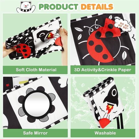 BBWOO High Contrast Baby Toys for Newborn, Tummy Time Mirror | Black and White Baby Toy for 0-6 Months, Soft Montessori Visual Stimulation Infant Book, Boy Girl Shower Gift in Kuwait