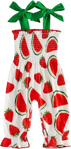 Baby Girl Watermelon Outfit Sleeveless Bubble Romper Strawberry Print Smocked Halter Jumpsuit Infant Summer Clothes in Kuwait