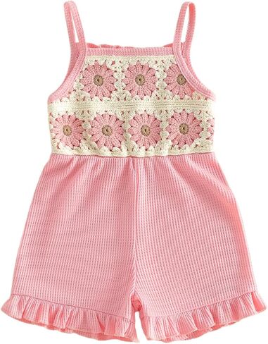 Toddler Baby Girl Crochet Romper Jumpsuit Boho Floral Overalls Ruffle Shorts Sleeveless Playsuit Summer Outfit in Kuwait