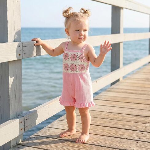 Toddler Baby Girl Crochet Romper Jumpsuit Boho Floral Overalls Ruffle Shorts Sleeveless Playsuit Summer Outfit in Kuwait