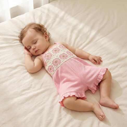 Toddler Baby Girl Crochet Romper Jumpsuit Boho Floral Overalls Ruffle Shorts Sleeveless Playsuit Summer Outfit in Kuwait